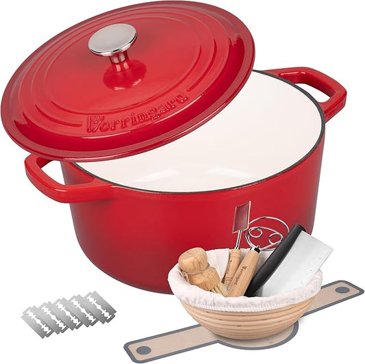 Enameled Cast Iron Dutch Oven Pot with Lid, for Bread Baking, Round Bread Oven- include Sourdough Bread Baking Supplies Set, 4.5QT, Red