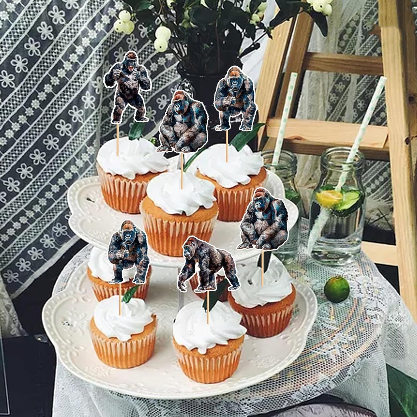 24 Pcs Gorilla Cupcake Toppers Gorilla Theme Party Birthday Cake Decorations, Party Supplies Decorations Baby Shower Cake Decoration