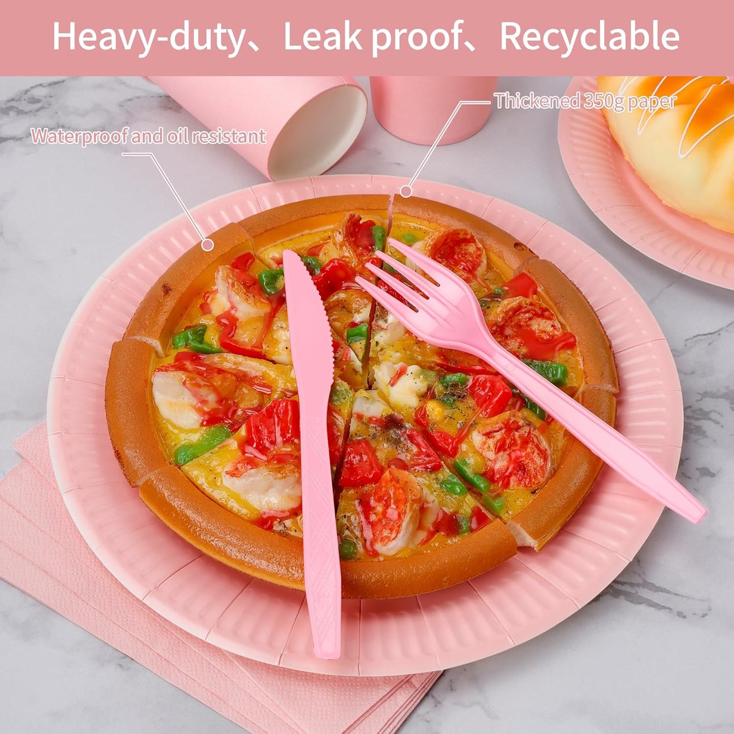 210pcs Pink Paper Plates Disposable Tableware Party Supplies - Includes 9" Dinner Plates, 7" Dessert Plates, 9oz Paper Cups, Napkins, Plastic Forks, Knives And Spoons For All Holiday Parties Serves 30