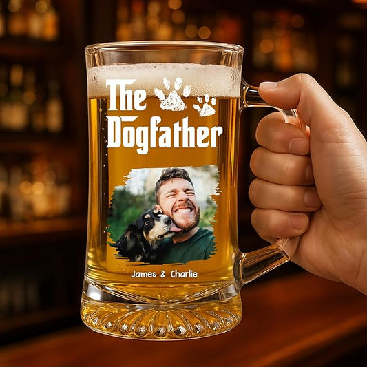 Wrappiness Gift for Dad - Cool Dog Father Personalized Beer Glass With Handle, Custom Photo and Names Lovely Fathers Day Pet Papa Gift for Men Pet Lovers, Cute Puppy Owner Drinking Cup