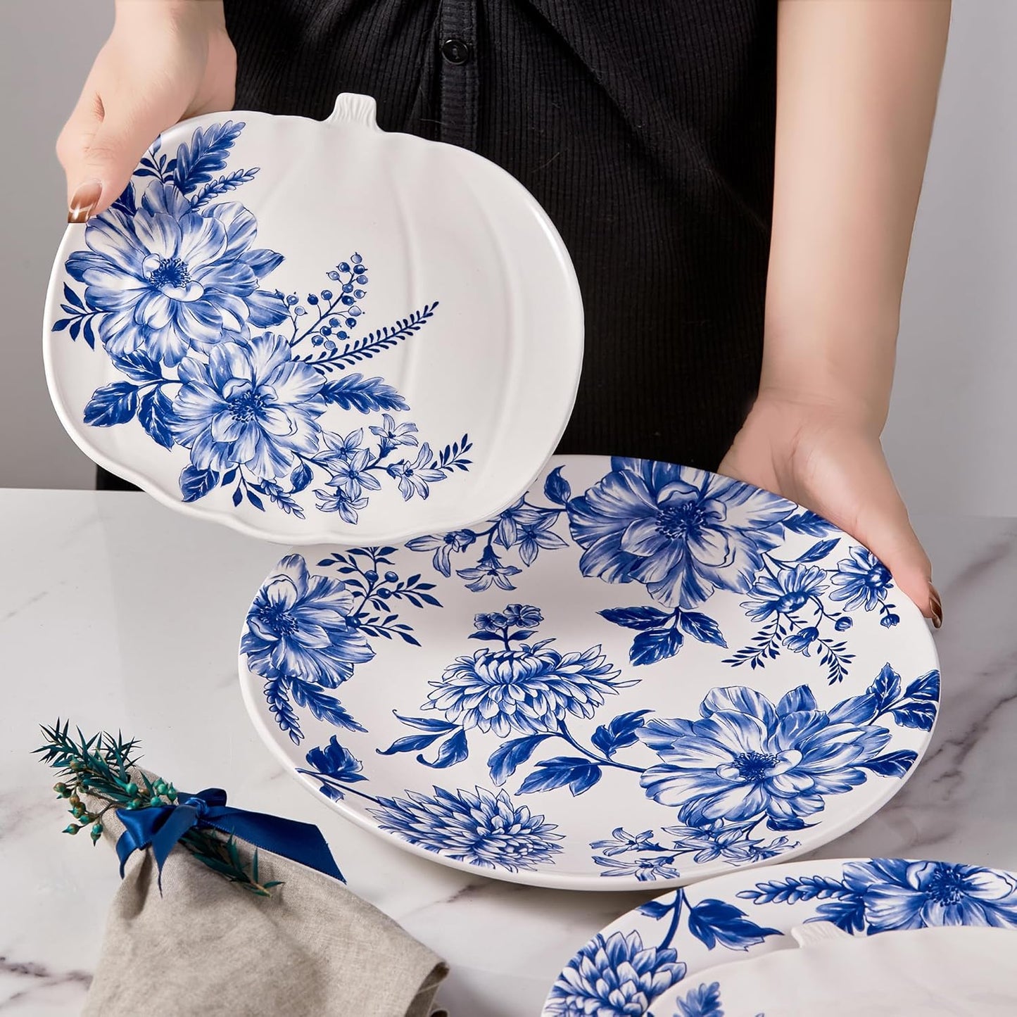 Bico Blue Floral Haven Dinner Plates Set of 4, 11 Inch Large Ceramic Plates for Pasta, Steak, Stylish Serving Dishes, Microwave and Dishwasher Safe, Gift for Housewarming and Thanksgiving