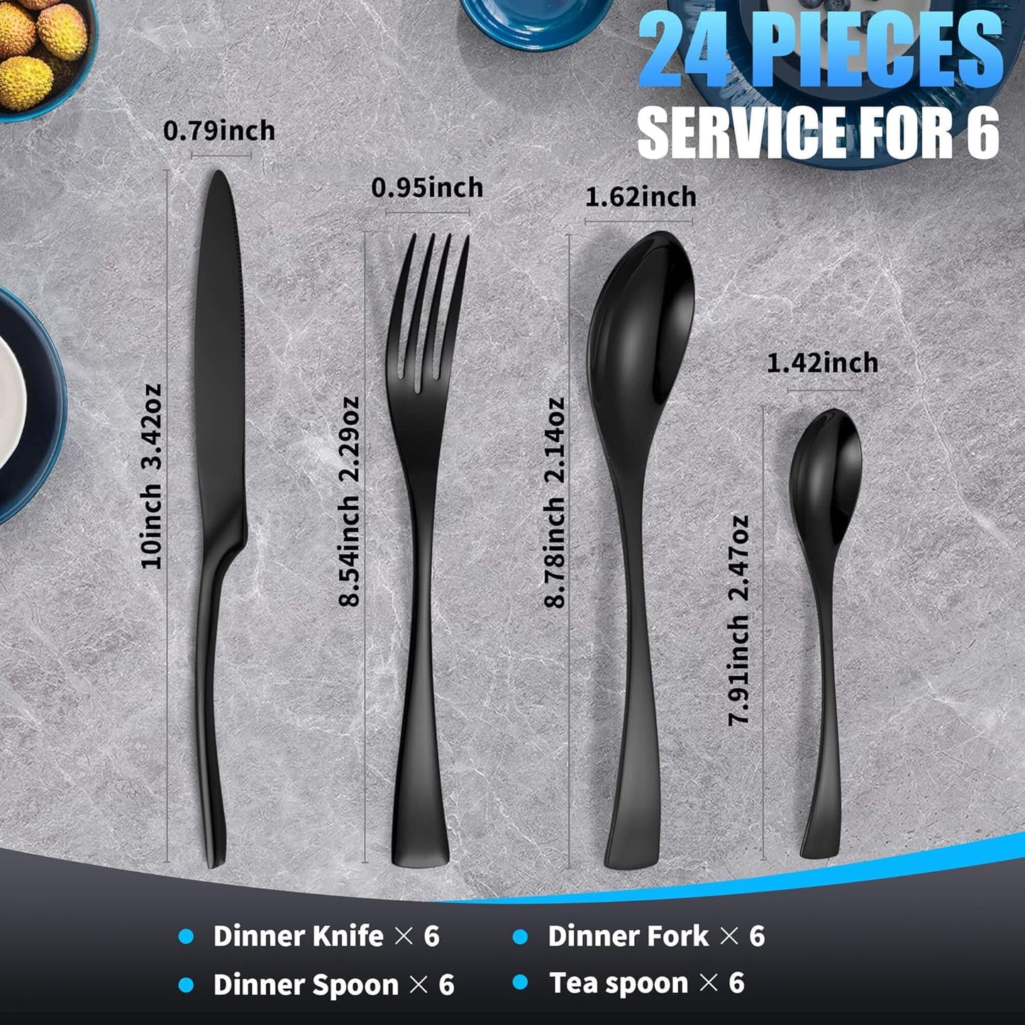Lemeya 24-Piece Black Silverware Set for 6,Heavy Duty 18/10 Stainless Steel Cutlery Set with Forged Stand Knife,Modern Flatware Utensil Set,Forks Spoons and Knives Set,Mirror Polished,Dishwasher Safe
