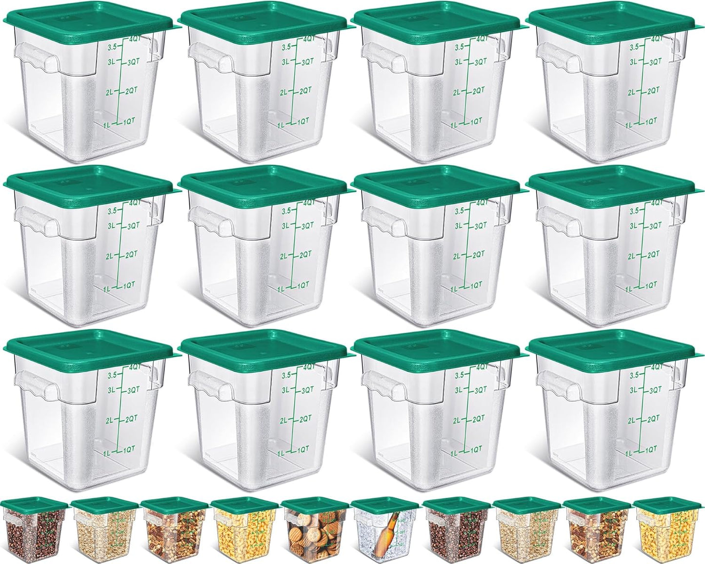 Yungyan 12 Pcs 4 Qt Commercial Food Storage Containers with Lids Restaurant Square Airtight Food Storage Containers Clear Cereal Containers for Kitchen Freezer Dishwasher Pantry(Green Lid)