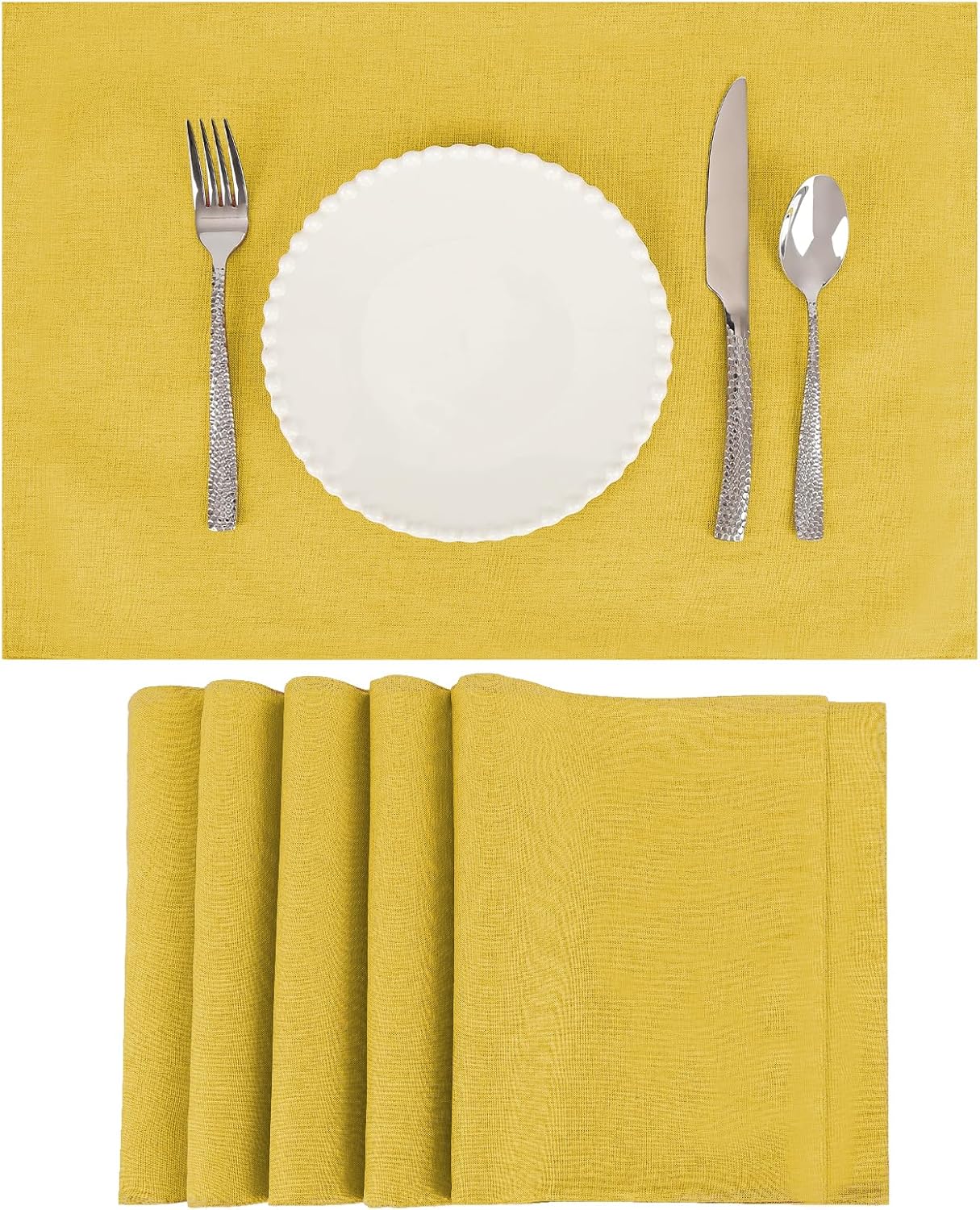 Placemats Set of 6 Linen Type Fabric Cloth Placemats, 19 x 13 Inch Double Layered Thick Wrinkle Free Heat Resistant Table Place, for Dining, Kitchen, Party (Yellow, 48 * 33cm)