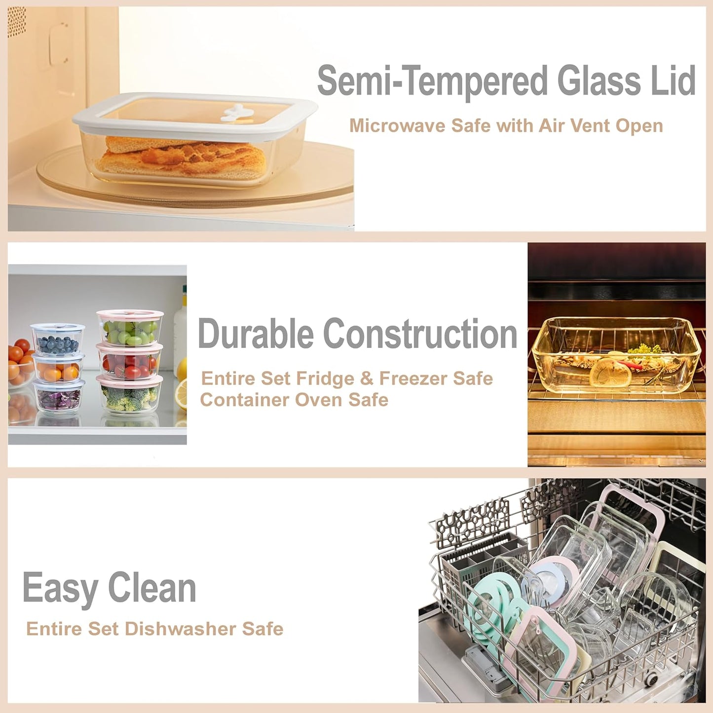 Urban Green Glass Food Container Set with Silicone Glass Lid, 3 Pack, Airtight, LeakProof, 100% Plastic Free, Meal Prep Food Storage Containers