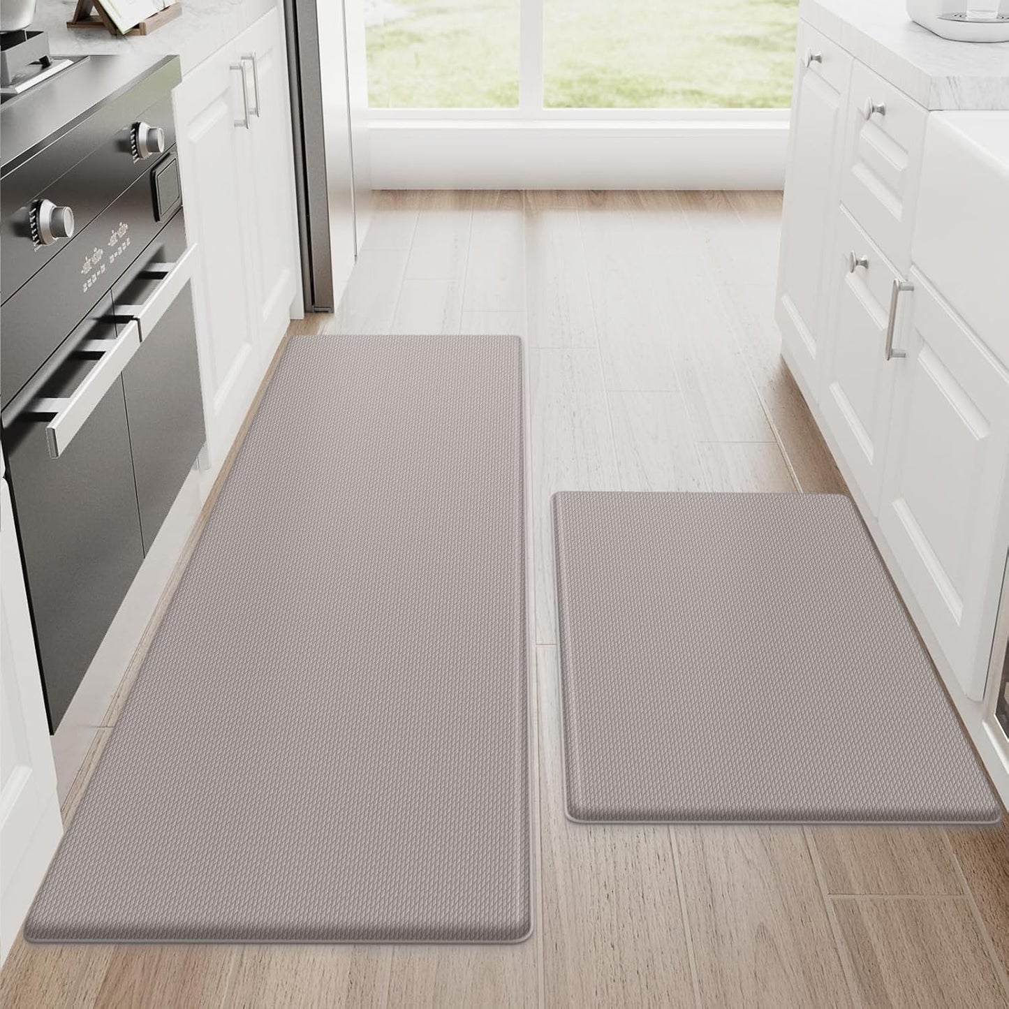 StepRite Kitchen Mats, 2PCS Kitchen Rugs, Cushioned Anti Fatigue Kitchen Mats for Floor, Non-Slip Standing Desk Mat, Waterproof Kitchen Rug Set for Kitchen, 20" x 32"+20" x 48"-0.4 inch Thick, Khaki