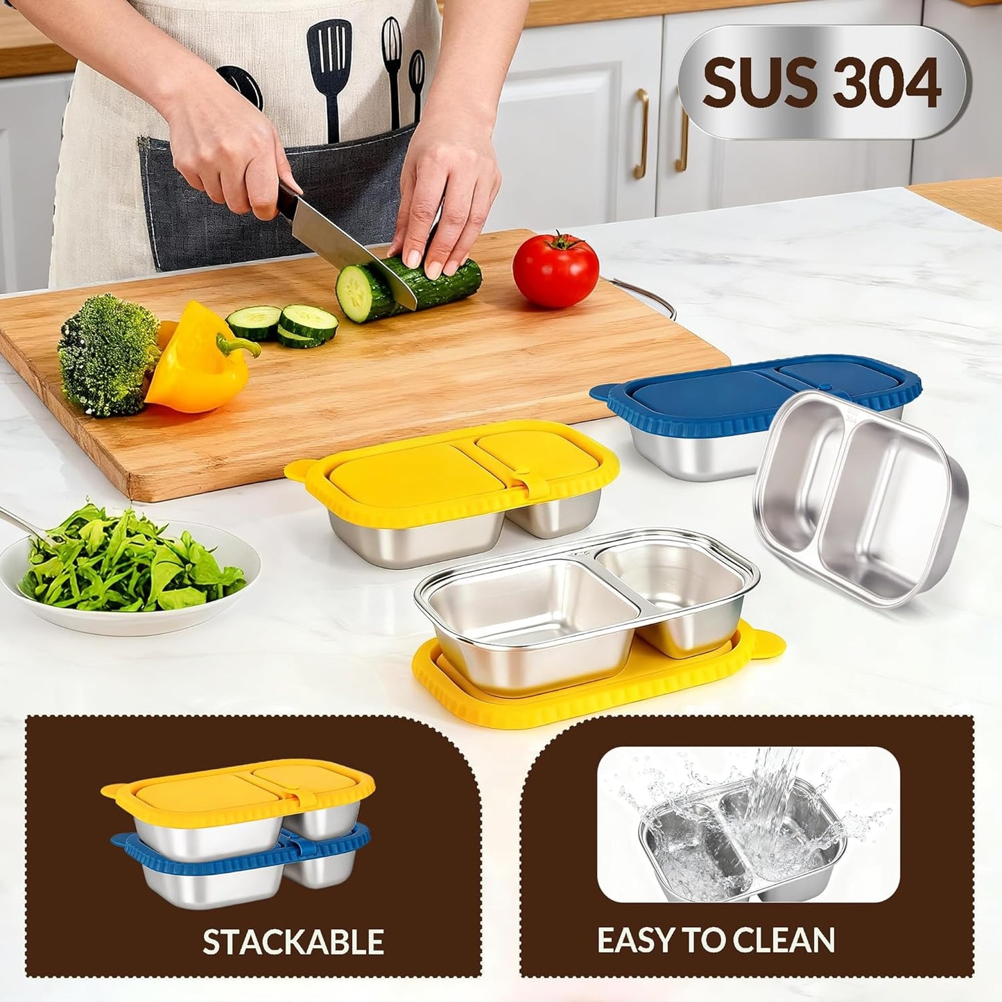 HI-REEKE 13 OZ Stainless Steel Snack Containers with Lids, 2 PCS Reusable Double Compartments Metal Snack Packs for Sauce