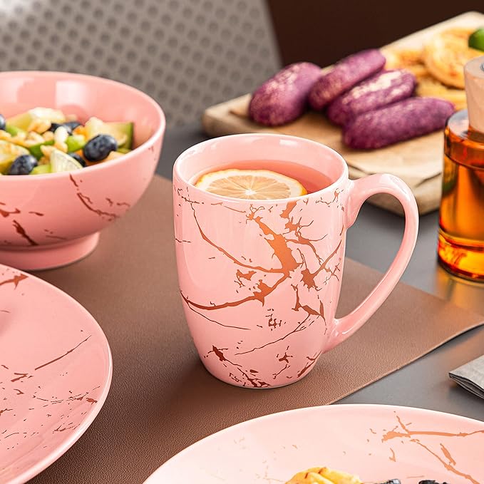 LOVECASA Pink Dinnerware Set for 4, 16 Piece Porcelain Dish With Plates, Bowls and Mugs, Gold Splash Glaze Round Modern Ceramic Dinner Set, Dishwasher Microwave Safe