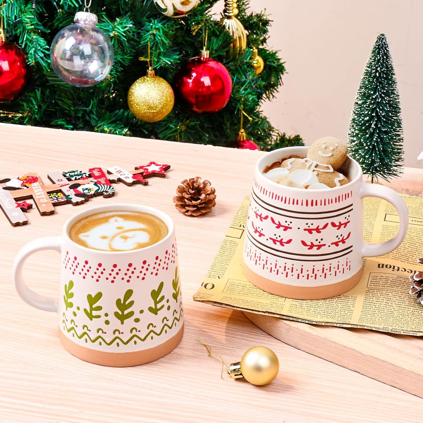 Maustic Christmas Mugs Set of 4, Christmas Coffee Mugs, Ceramic Holiday Mug for Hot Cocoa, Hot Chocolate, Coffee, Tea, Family Gifts, 14 Oz, Microwave & Dishwasher Safe