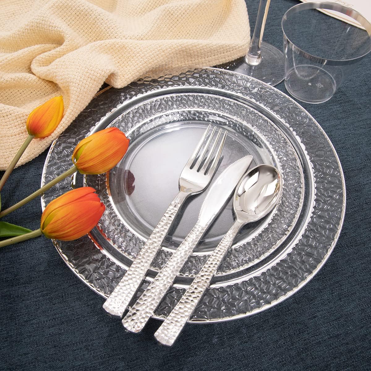 Ciaell 150PCS Clear Silver Plastic Plates - Silver Disposable Plates include 25Dinner Plate, 25Dessert Plate, 25Forks, 25Knives, 25Spoons, 25Cups for Weddings & Parties