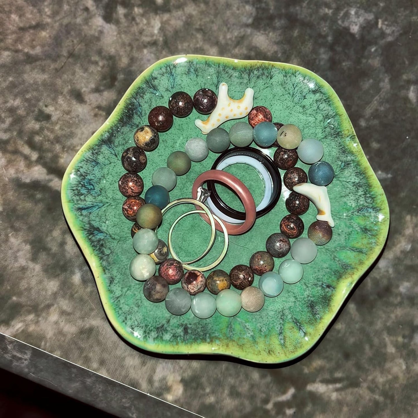 2Pcs Ceramic Jewelry Dish - Lotus Leaf Shape, for Ring Holder Necklace Small Key, Suitable for Mother Friend Sister, Gifts for Women, Cute Plate Trinket Tray, Home Decor (Crystal Green & Pink)