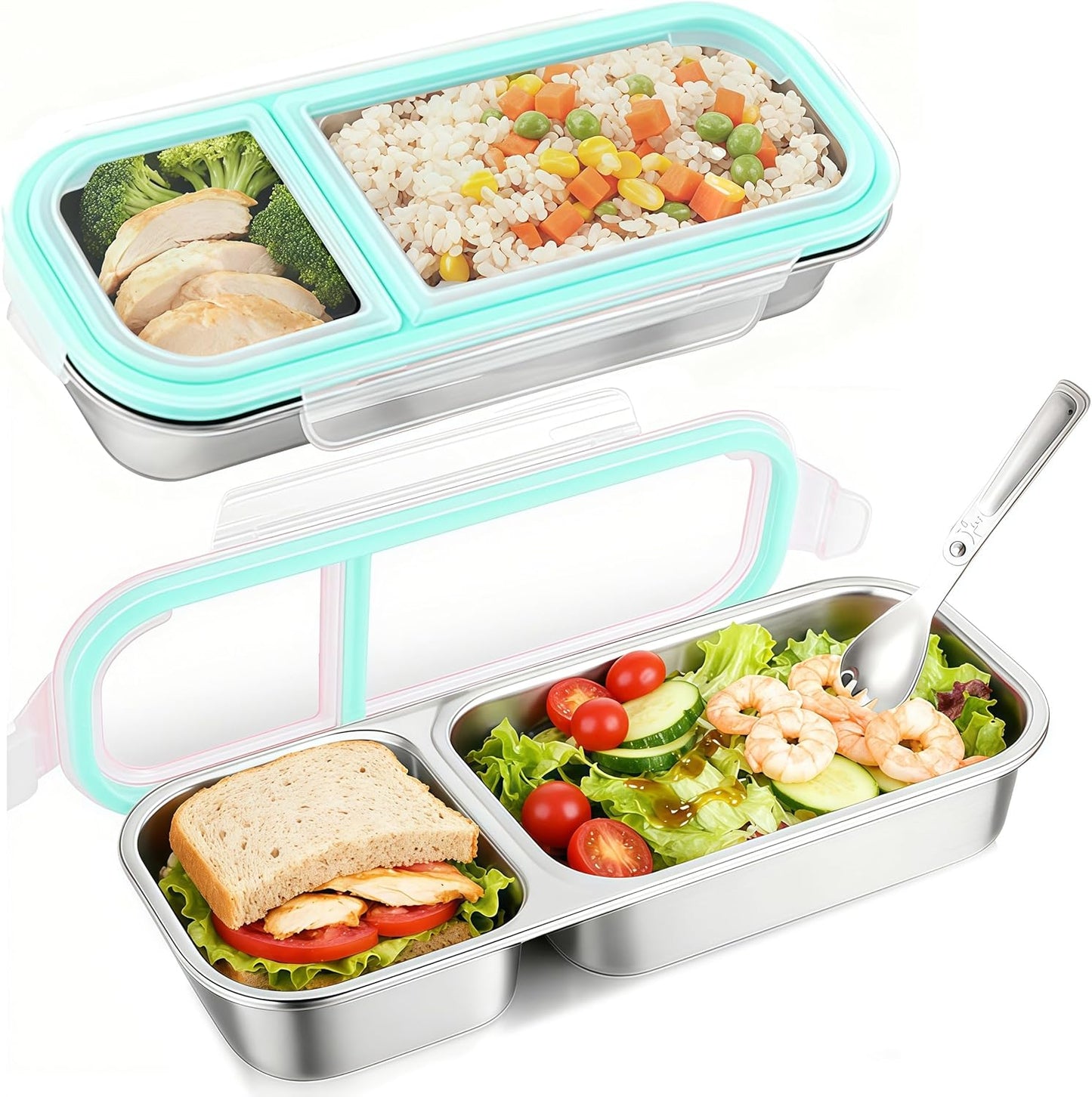 Food Storage Containers with Airtight Lid, Stainless Steel Snack Containers, Leak Proof Metal Lunchbox with Compartment and Spoon, Lunch Box Bento Box Adult for Office, Travel, Meal Prep