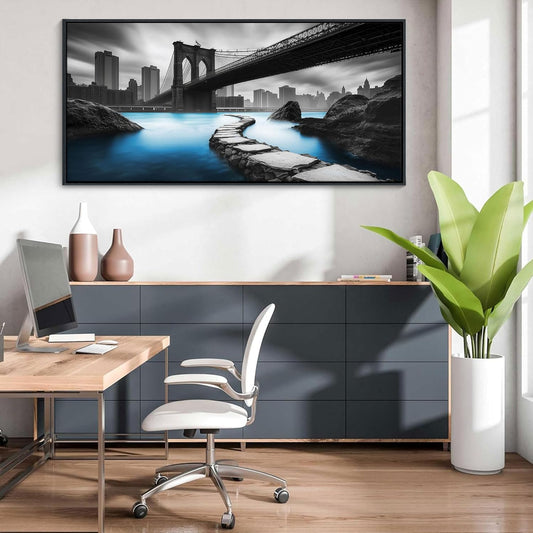 HKDGOKA Large Framed Canvas Wall Art - Black and White Brooklyn Bridge Abstract City Landscape Architecture Pictures Paintings for Living Room Office Bedroom Modern Artwork Home Decor 24x48