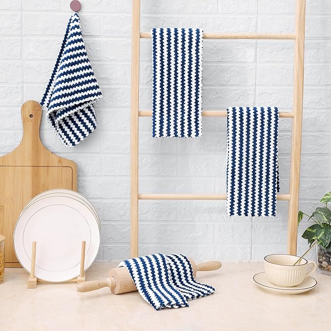 Homaxy Kitchen Towels(12 Pack, 10 x 20 inches), Ultra Soft and Absorbent Dish Towels, Reusable Fast Drying Microfiber Cleaning Cloth, Coral Velvet Wave Design No-lint, Navy Blue