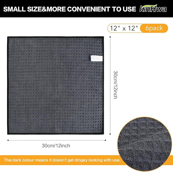 KinHwa Dish Cloths for Washing Dishes Kitchen Towels Microfiber Dish Towels for Kitchen Dish Towels Absorbent 8inch x 8inch 6 Pack (Gray, 12in x 12in 6 PC)