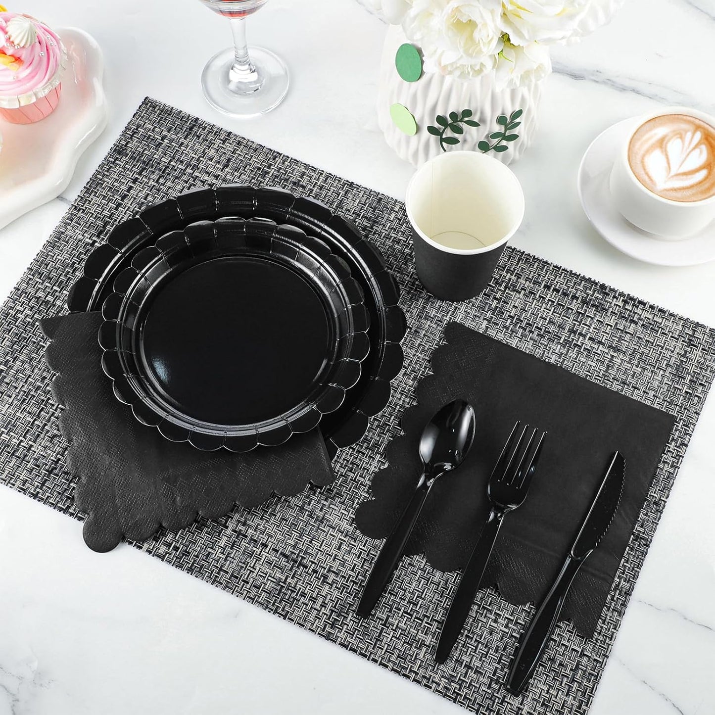 175 Pcs Black Plates and Napkins 25 Guest Halloween Plates Set Black Party Supplies Includes Scalloped Party Plate Napkins Cups Plastic Cutlery for Birthday, Halloween, New Year