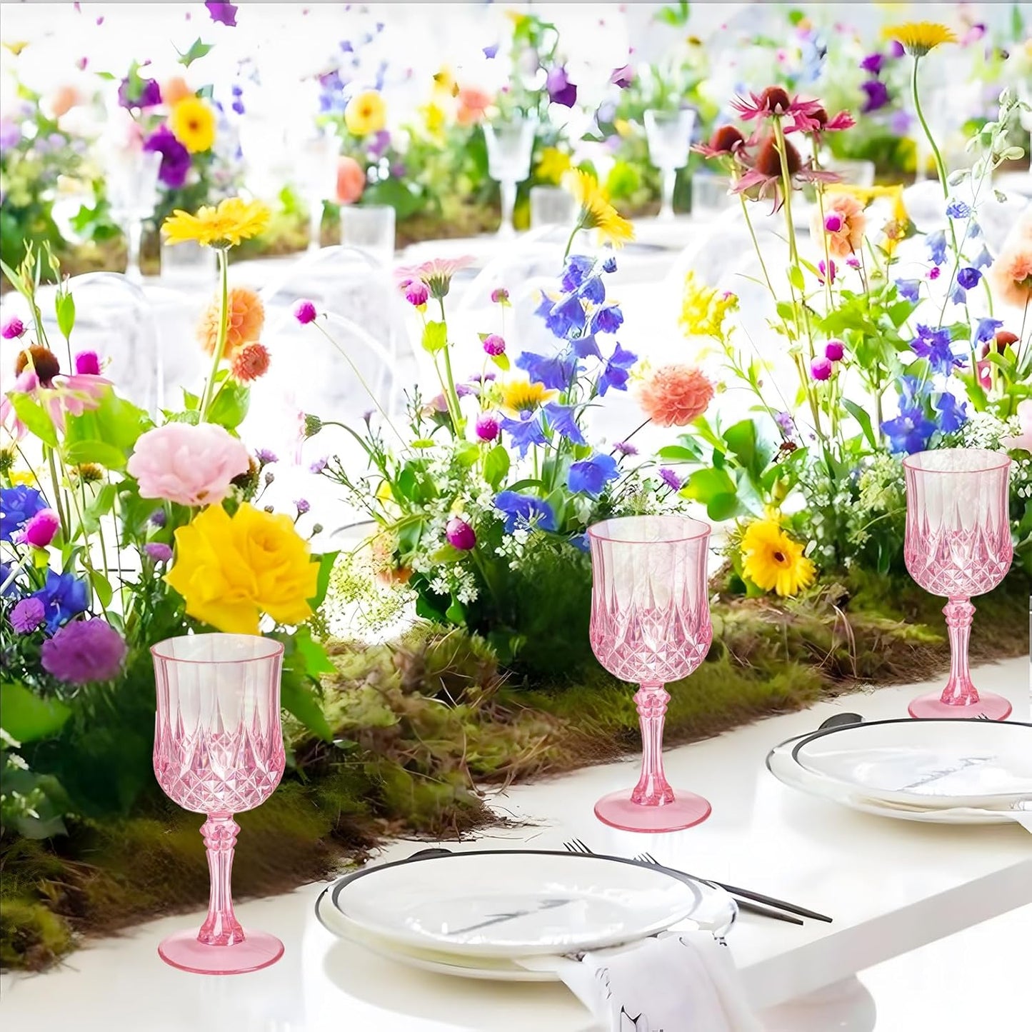 7OZ Plastic Wine Glasses, 48Pcs Pink Reusable Drinking Cups Vintage Champagne Flutes, Plastic Crystal Water Goblets for Parties Stemmed Shatterproof Drinking Glasses for Wedding, Toasting Party