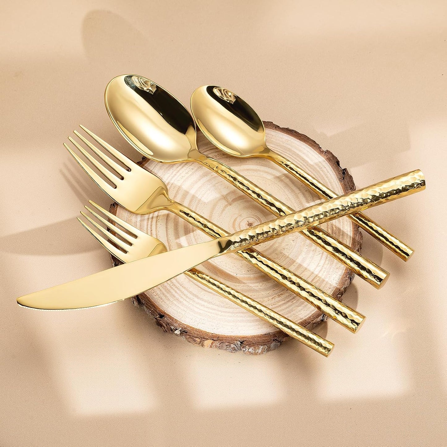 Hammered Gold Silverware Set,Zerophilo Flatware Set 20 Pieces 18/10 Stainless Steel Cutlery Set for 4 Mirror Polished,Dishwasher Safe