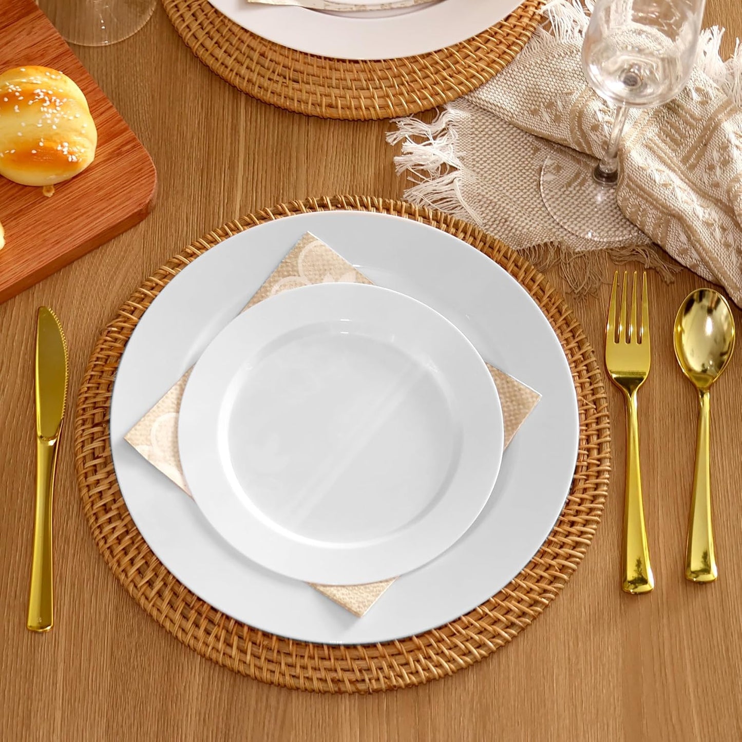 100 PCS White Plastic Plates, Plastic Thanksgiving Plates Disposable Include 50 Dinner Plate and 50 Dessert Plate Perfect for Holiday, Wedding & Thanksgiving Party
