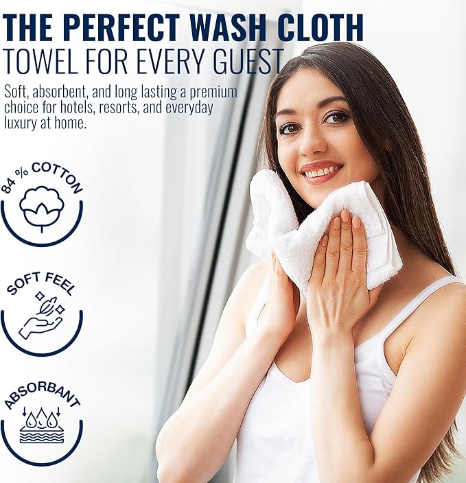 300-Pack Economy Washcloths Bulk (12x12) – White Poly Cotton Face Cloths – Commercial-Grade Cleaning Rags – Soft, Absorbent & Quick-Dry Towels for Hotels, Spas, Gyms & Hospitality Use