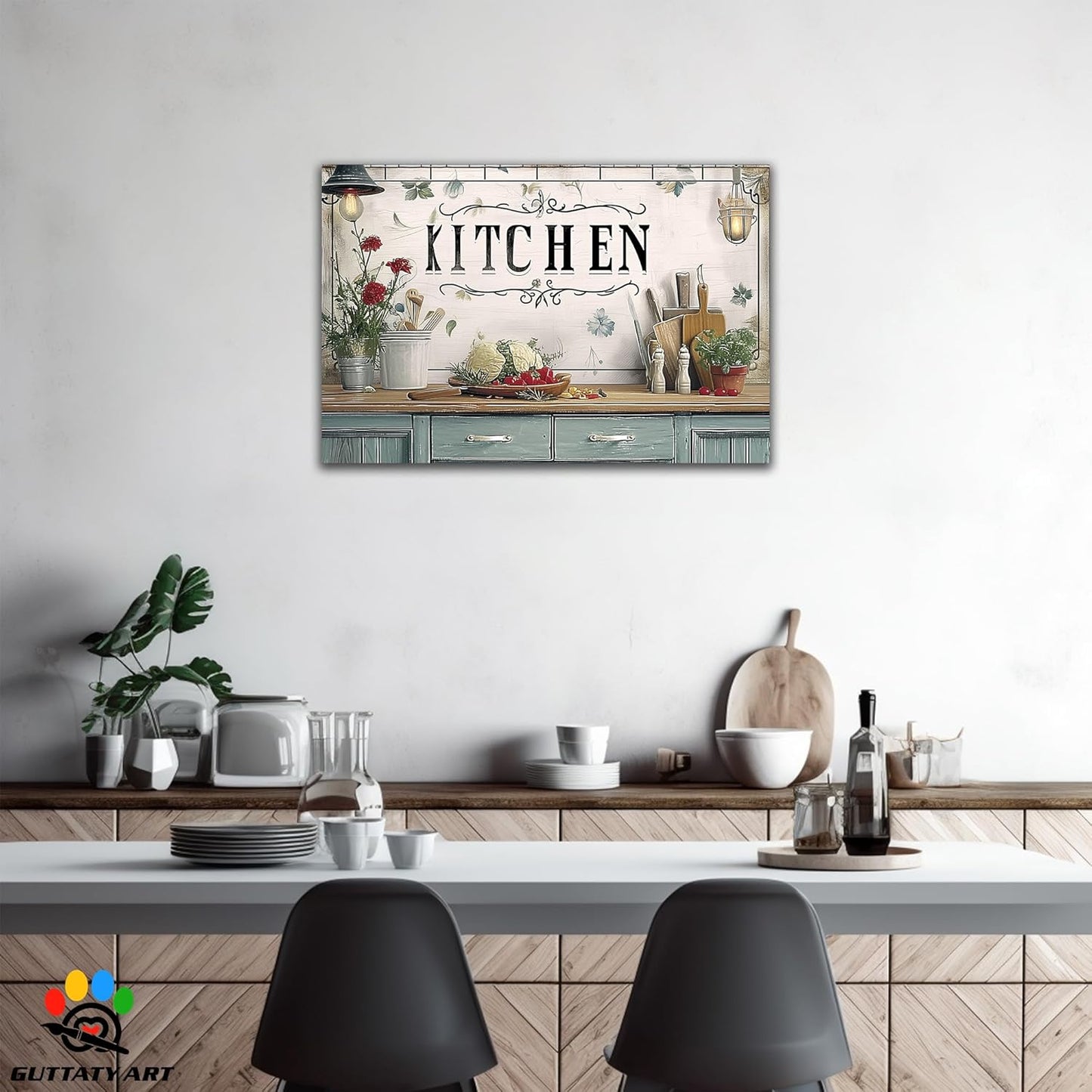 GUTTATY Kitchen Pictures Wall Decor, Farmhouse Wall Art Decor Flowers And Kitchen Utensils Painting for Dinning Room Restaurant Decor, Mother's Day Gift for Grandma Mom Hanging Artwork 24×36 Inch