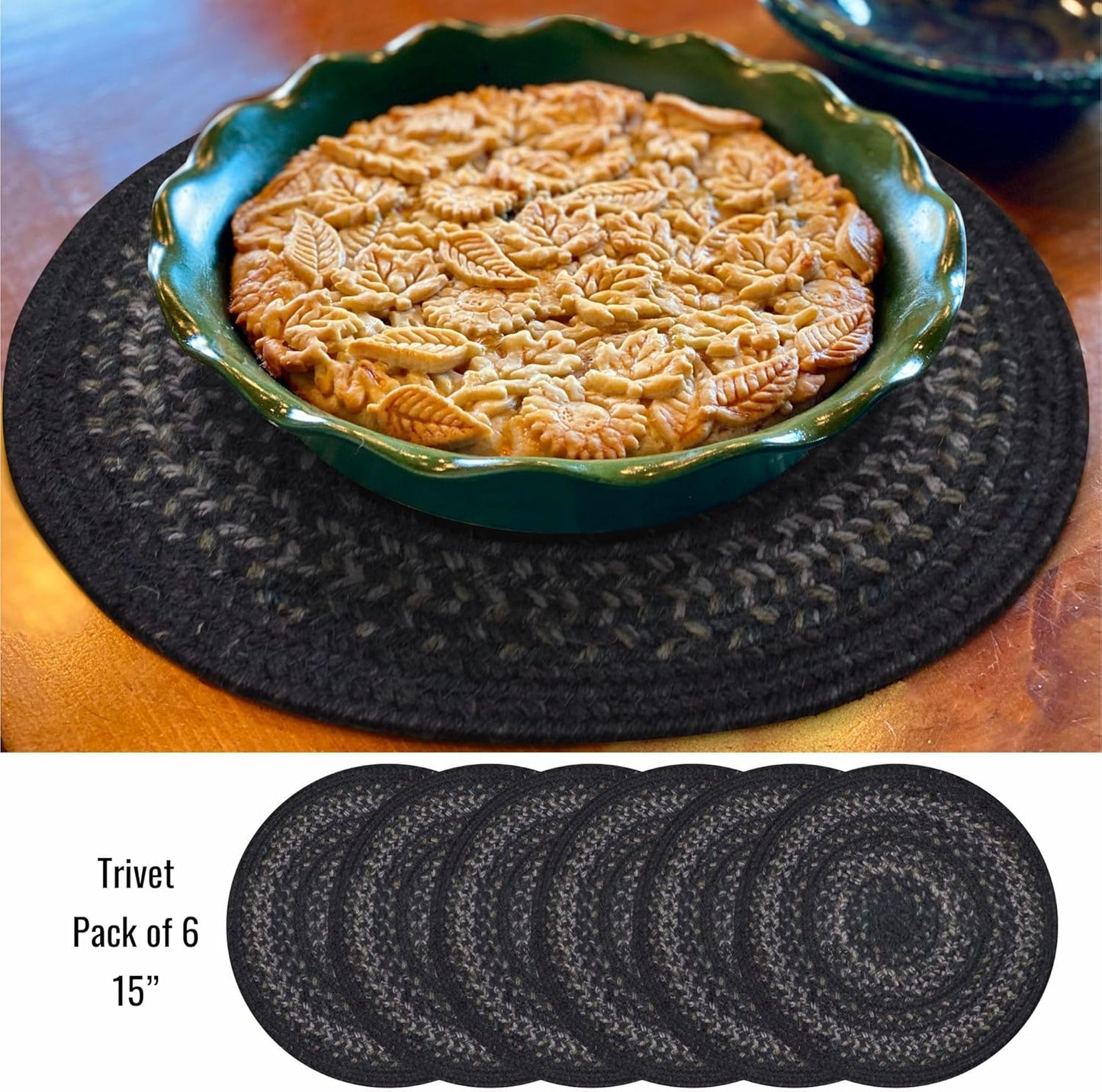 Homespice Jet Black Jute Woven Round Placemats Set of 6, 15", Warm Primitive Decor Table Mats - Vibrant Colors, Durable, Easy to Clean and Protects Furniture