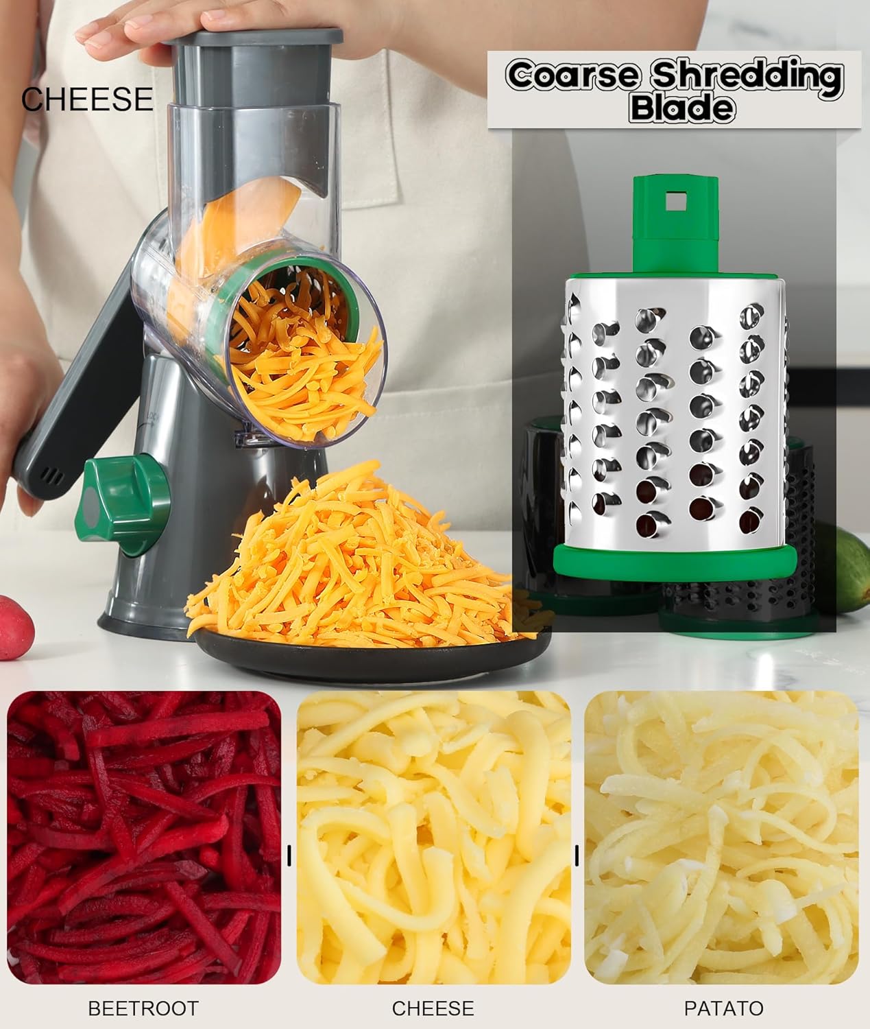 Ourokhome Rotary Cheese Grater Hand Crank, Kitchen Shredder Speed Mandolin Slicer Nuts Grinder with Handle and Drum Blades for Cheese, Vegetable, Walnuts, Chocolate, Potato, Carrot, 3 Blades, Gray
