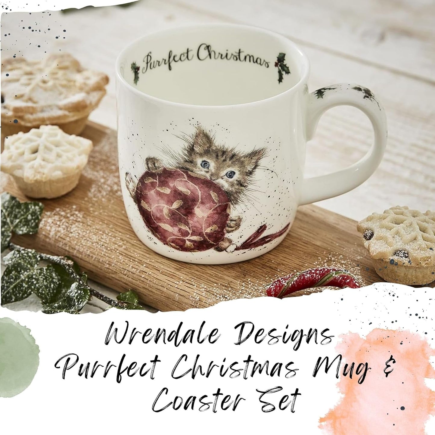 Royal Worcester Purrfect Christmas Mug & Coaster Set - 11 oz Fine Bone China Holiday Mug Set with Woodland Creatures - Wrendale Designs Christmas Coffee Mugs, Microwave & Dishwasher Safe