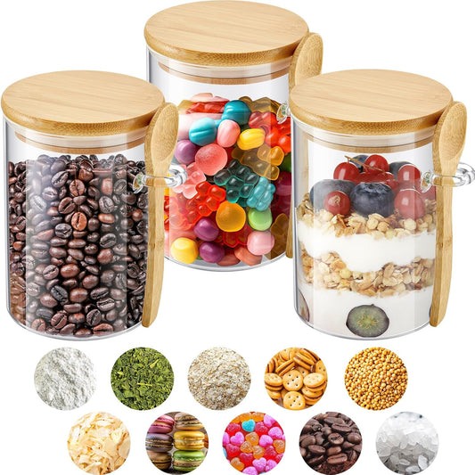 Tessco for you 2 Pack Sugar Jar Glass Container with Spoon Clear Glass Jars with Bamboo Lid and Spoon Scoop for Coffee Beans, Spice, Brown Sugar, Tea, Flour, Nuts, Candy, Salts (17 oz)