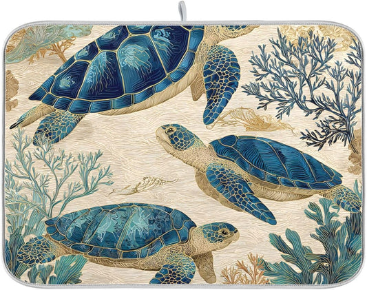 Watercolor Sea Turtle Swimming Pattern Dish Drying Mat Super Absorbent Drying Mat 16x18 inch Large Dish Drying Mats for Kitchen Counter Dish Drying Pads Kitchen Drying Matt for Countertop