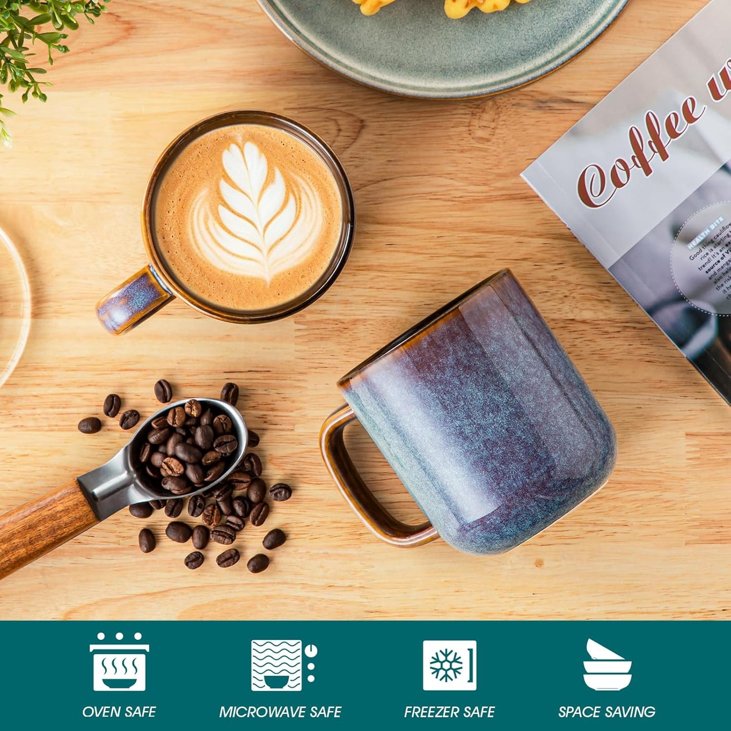 vancasso 16 oz Coffee Mugs Set of 6, Large Ceramic Mug with Handle, Unique Glaze Coffee Cups for Latte, Cappuccino & Hot Cocoa, Dishwasher & Microwave Safe, Blue, Series ONION