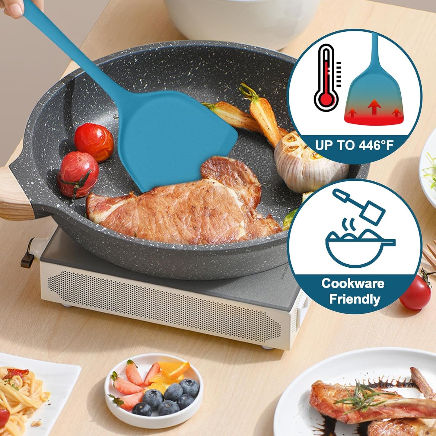 TeamFar Cooking Utensils Set, Silicone Kitchen Utensils of 5, Cooking Spoons Turners Pasta Server for Nonstick Cookware, Healthy & Heat-Resistant, Seamless & Non-Scratch, Dishwasher Safe, Dark Blue