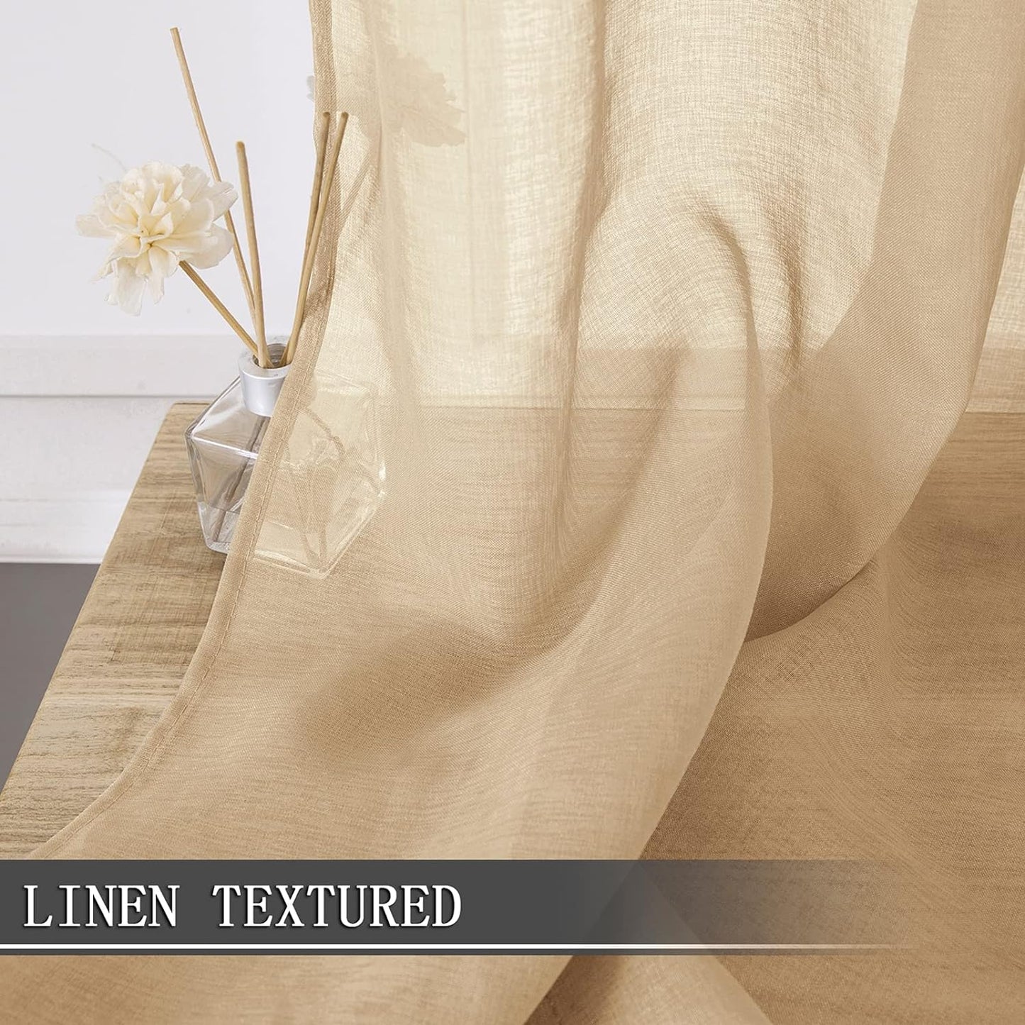Tollpiz Short Sheer Curtain Living Room Linen Textured Curtains Sheer Light Filtering Voile Rod Pocket Curtain for Bedroom, 38 x 54 inches Long, Beige, Set of 2 Panels