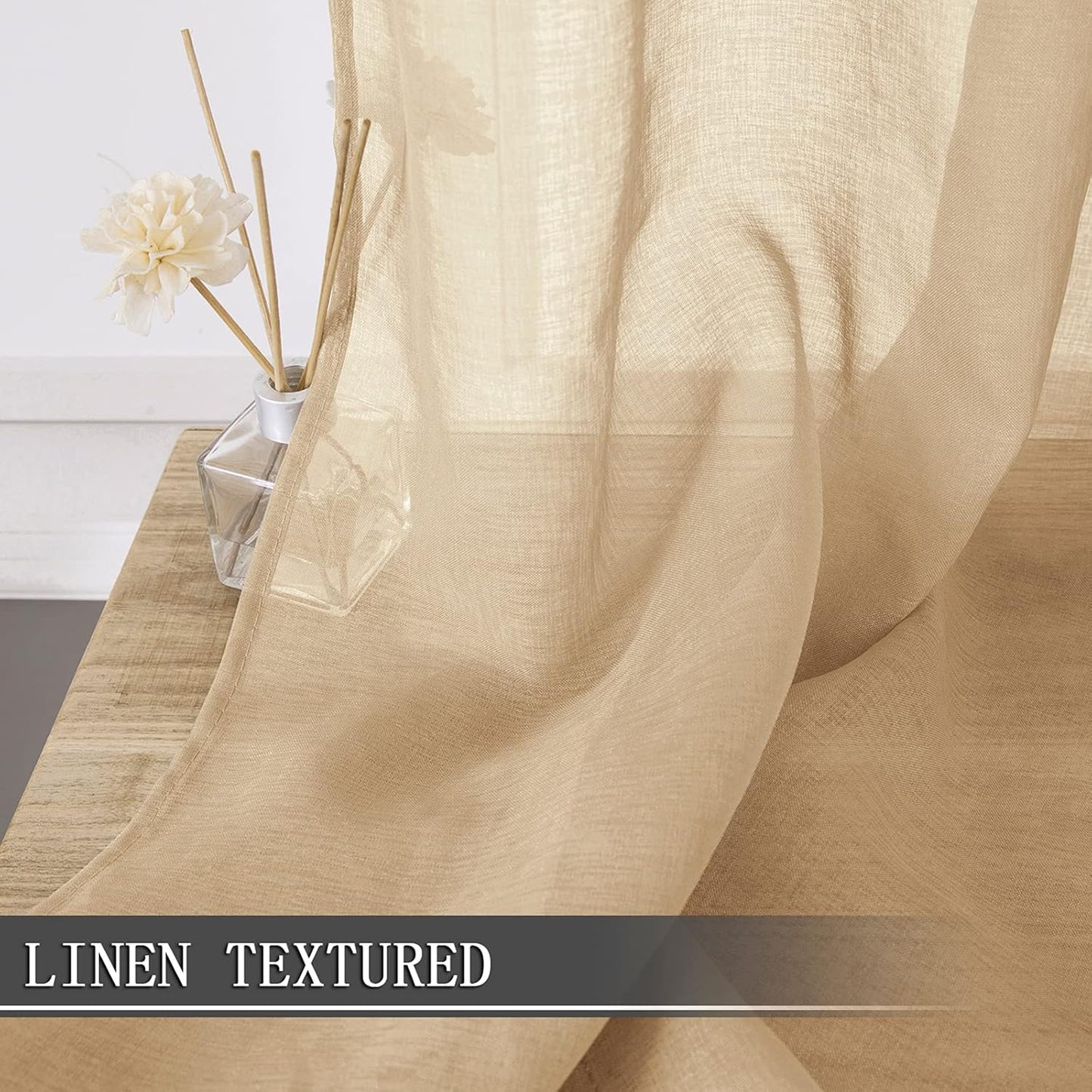 Tollpiz Short Sheer Curtains Linen Textured Living Room Curtain Sheers Light Filtering Rod Pocket Voile Curtains for Bedroom, 42 x 45 inches Long, Beige, Set of 2 Panels