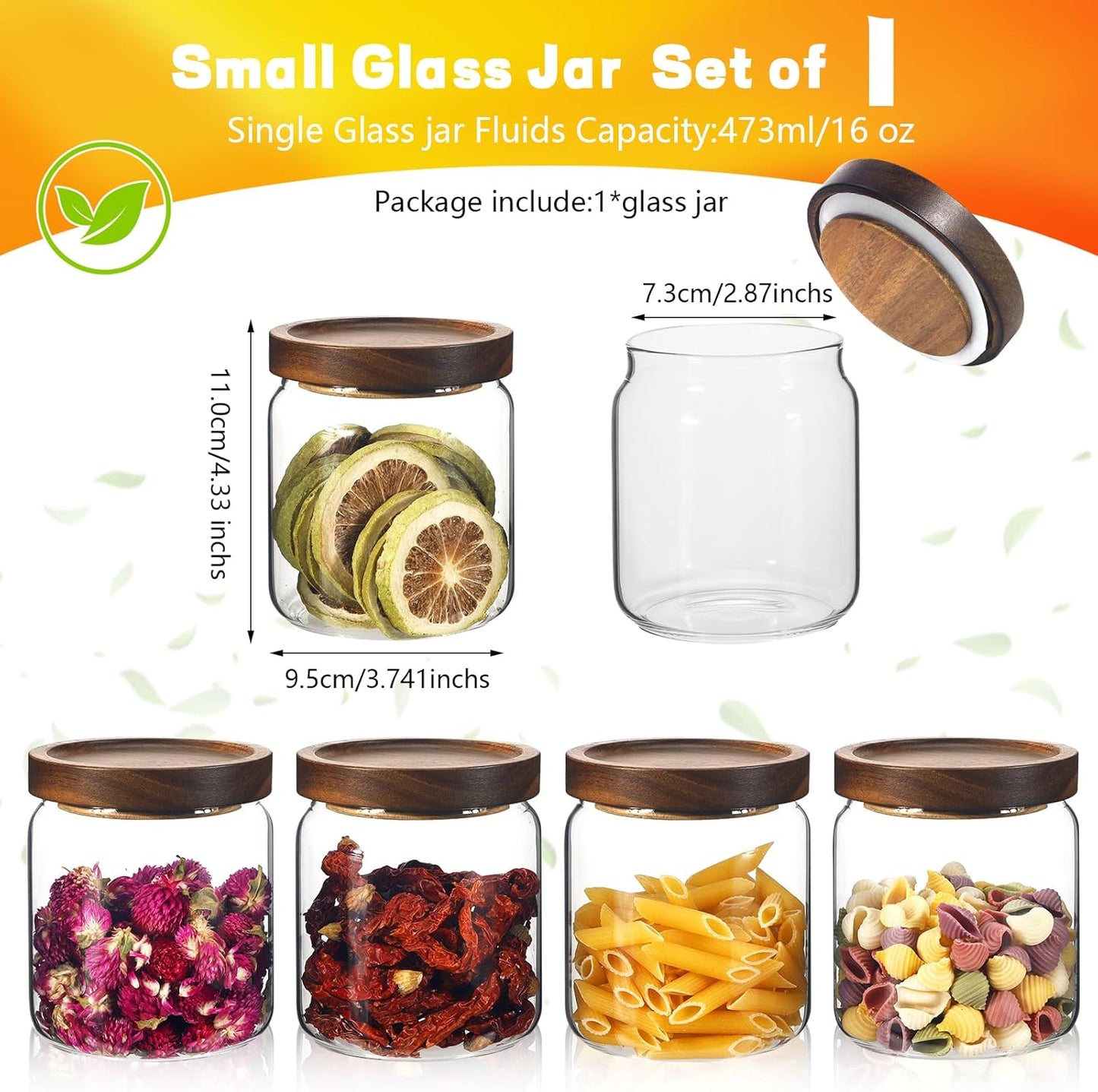 Glass Spice Jars Seasoning Containers Small Glass Jars with Lids Airtight Food Storage Canister for Kitchen Pantry Sugar Tea Coffee Bean Nuts Cookies Herbs Salt (473ml/16oz-1 pcs)