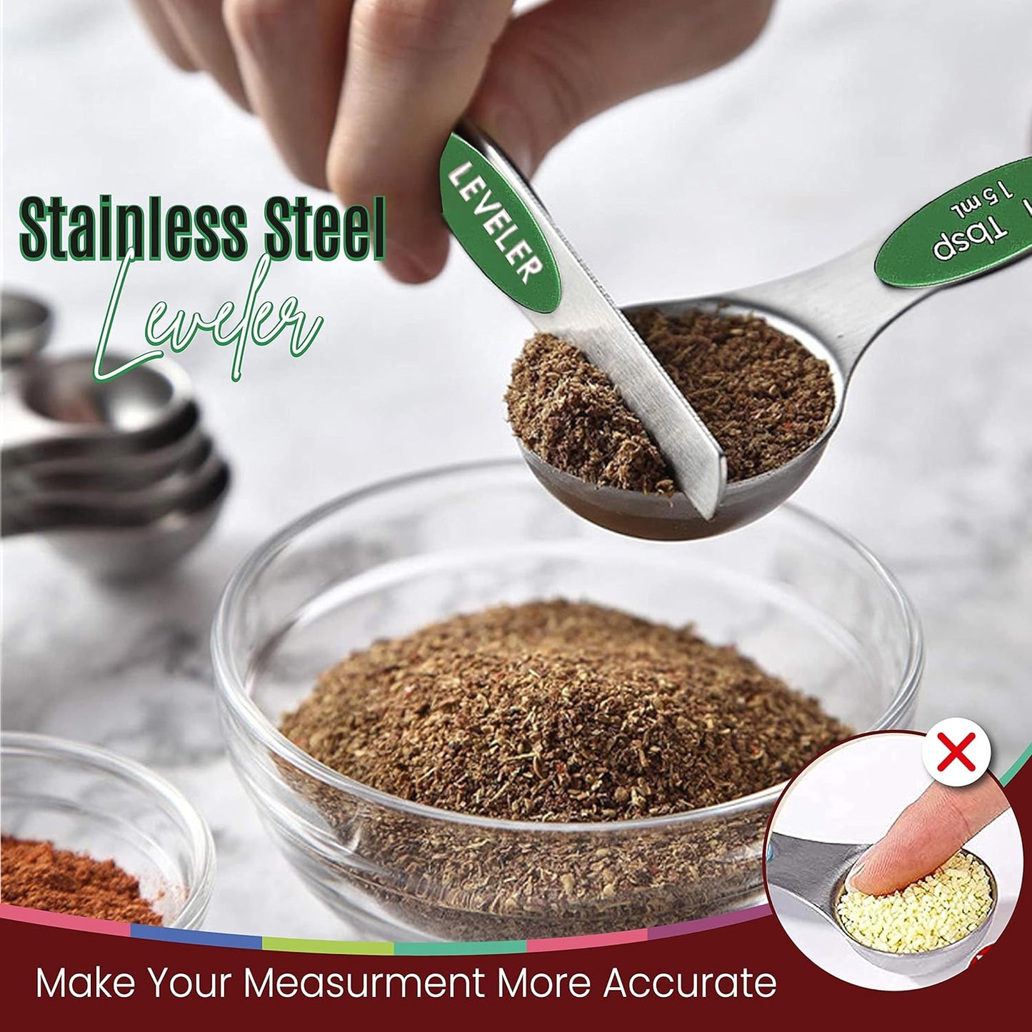 Magnetic Measuring Spoons Set of 9 Stainless Steel Dual-Sided Stackable Measuring Spoon Nesting Teaspoons Measuring Dry and Liquid Ingredients, Fits in Spice Jars Set of 9 (Green)