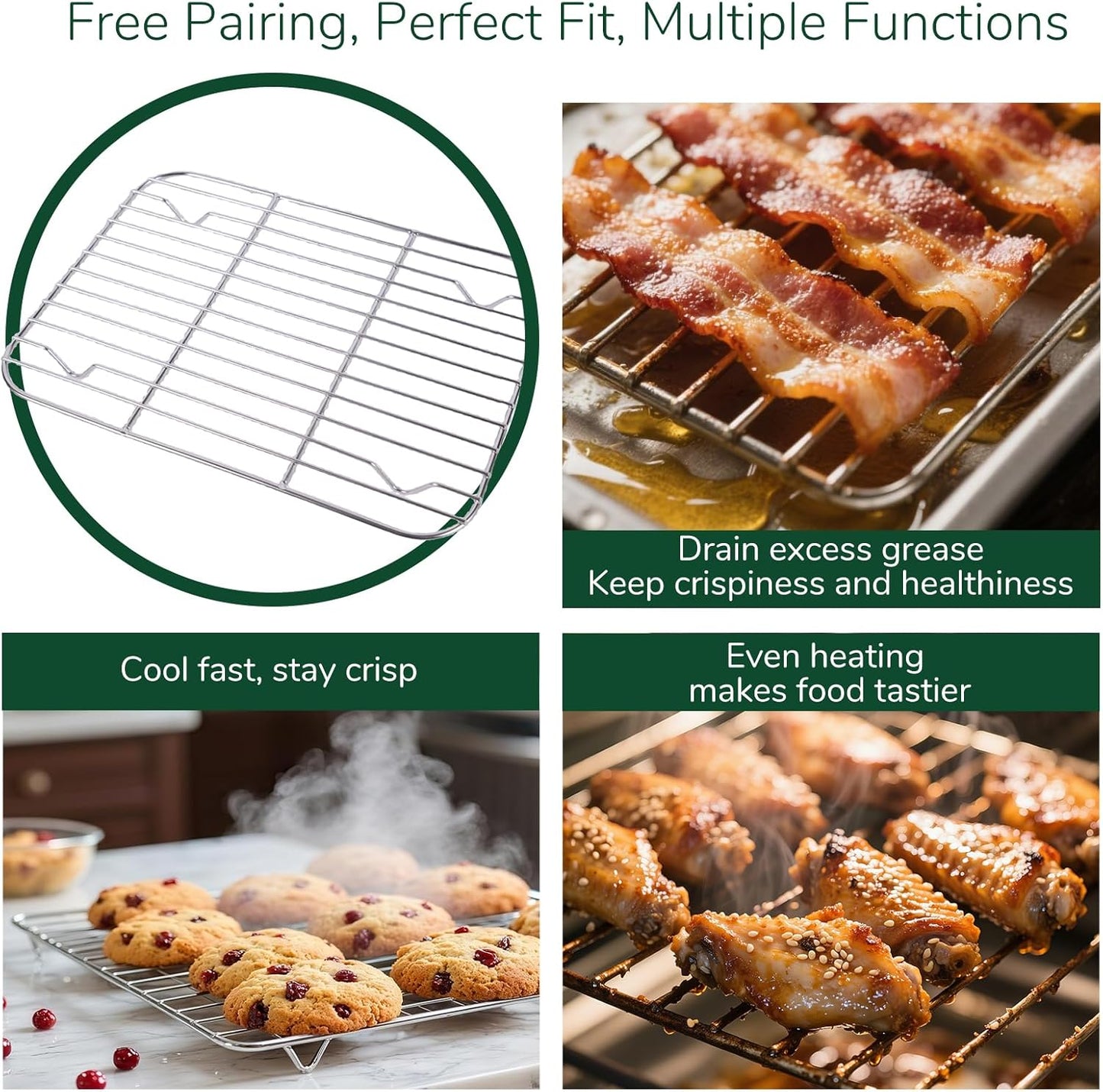 18/0 Stainless Steel Baking Sheet with Cooling Rack, Oven-Safe Non-Toxic Cookie Sheets for Baking, Set of 4, Coating Free & Rust Resistant for Healthy Family Baking, Easy to Clean, Heavy-Duty