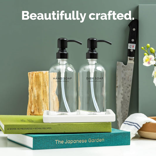 Vine Creations Glass Soap Dispenser Set, Kitchen Soap Dispenser Set with Ceramic Tray, 16 oz Dish Soap and Hand Soap Dispensers with Stainless Steel Pump Decor (Clear Bottle/Matte Black)
