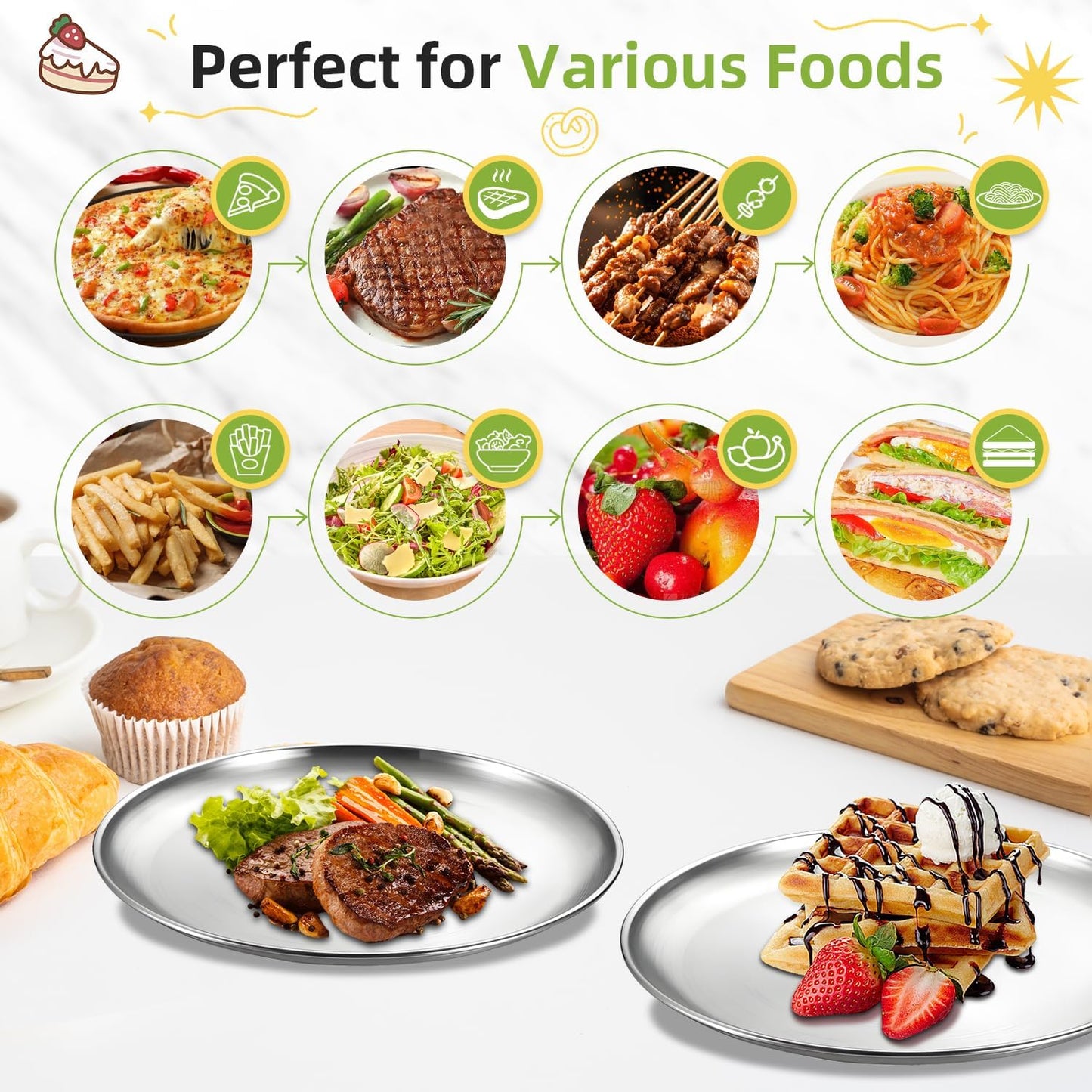 Stainless Steel Kids Plates 6 Pieces 7.8in Metal 304 Unbreakable Plates Dinner Dishes Stainless Steel Camping Plates for Home, Picnic, BBQ, Reusable and Dishwasher Safe