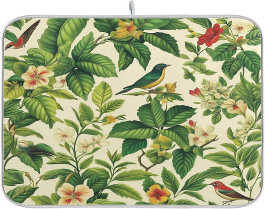 Green Leaf Bird Flower Dish Drying Mat for Kitchen Counter Super Absorbent Dishes Pad Reversible Microfiber Protector Dish Draining Mats 18x24 inch