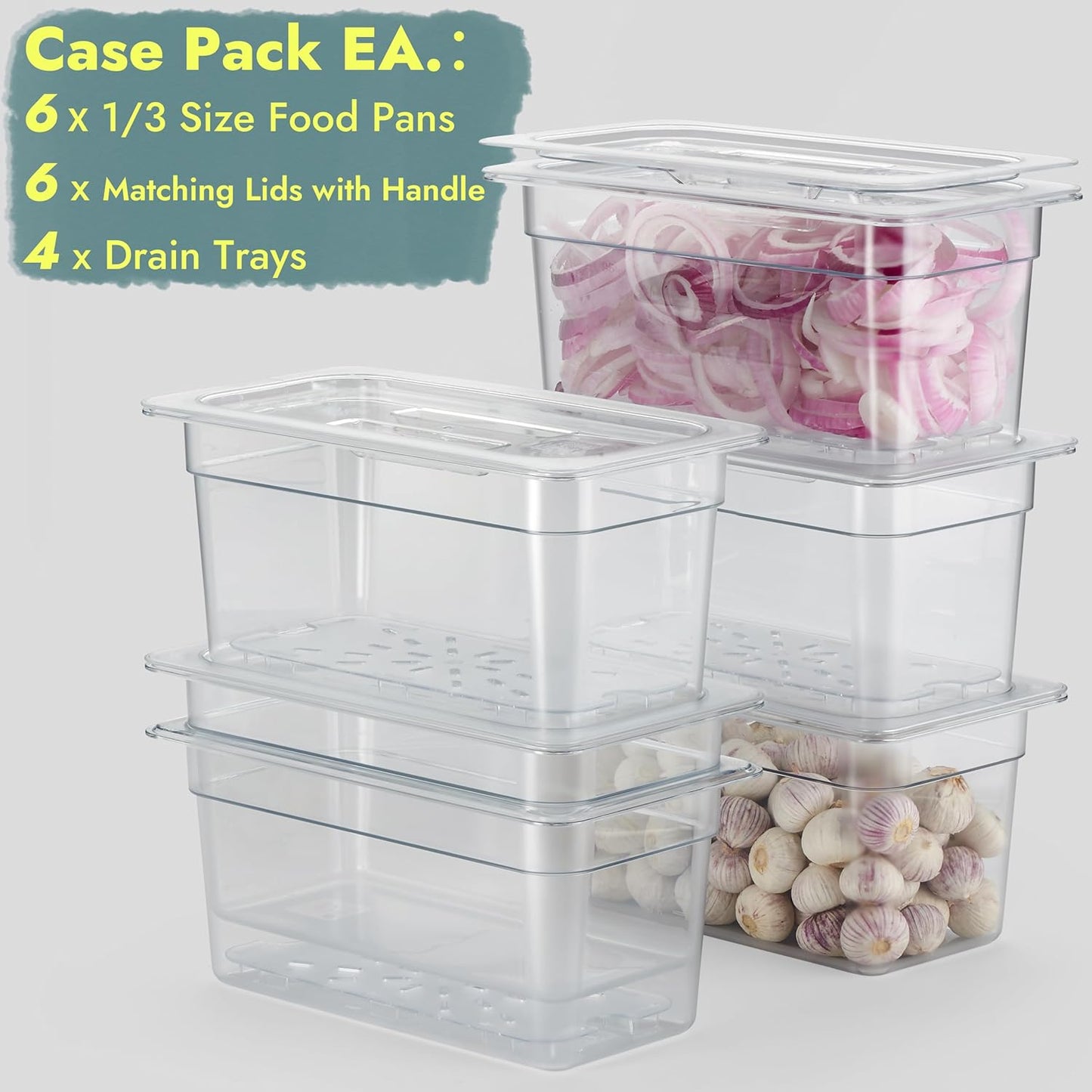 CURTA 6-Pack 1/3 Size 6" Deep NSF Polycarbonate Food Pans with Handled Lids & Drain Trays | Dishwasher & Freezer Safe Clear Container for Prep Tables, Buffet, Salad Bar, Commercial Kitchen