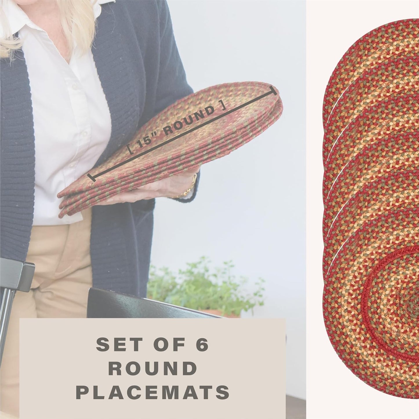 Cider Barn Jute Woven Round Placemats Set of 6, 15", Warm Country Rustic Decor, Red Table Mats - Vibrant Colors, Durable, Easy to Clean and Protects Furniture