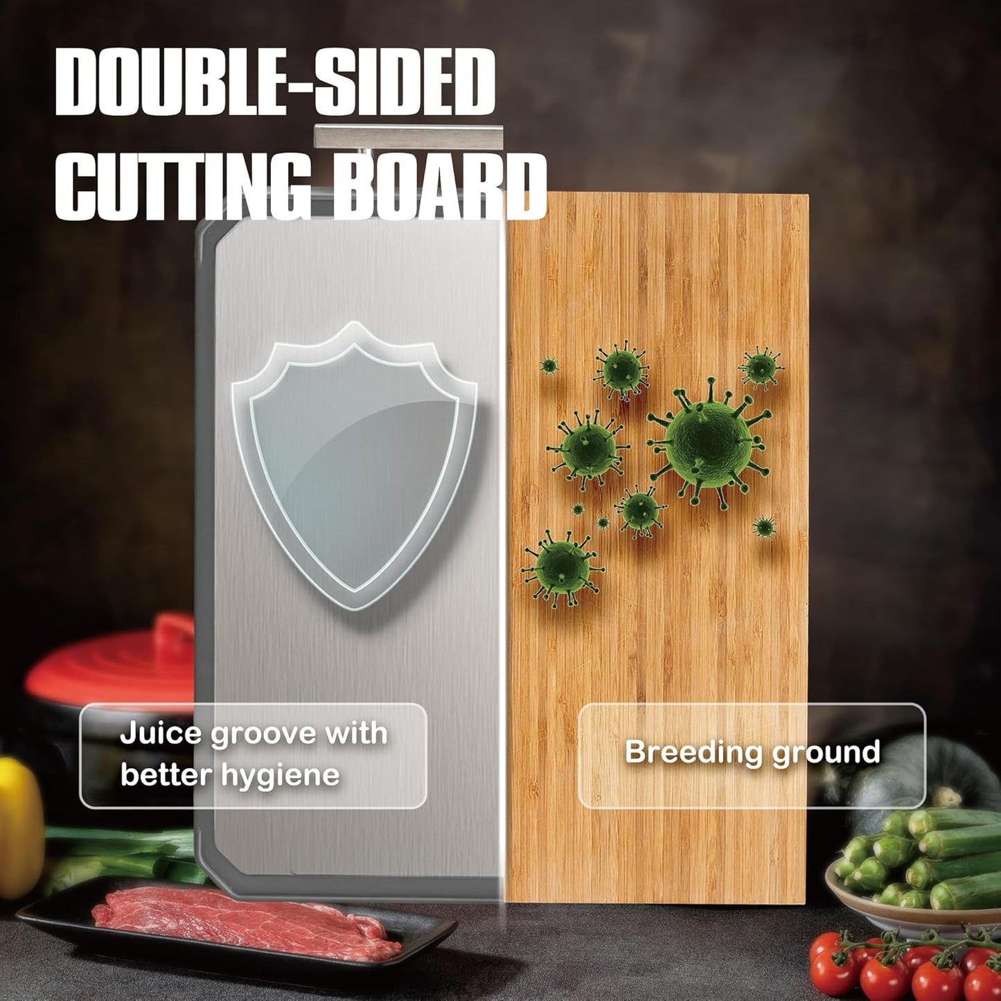 SNOWCLAD Stainless Steel Cutting Board,Double Sided Steel Cutting Board Set for kitchen,Stainless Steel/Wheat straw pp Large for meat,Dishwasher Safe [16 * 11+12 * 8.3 Inch]