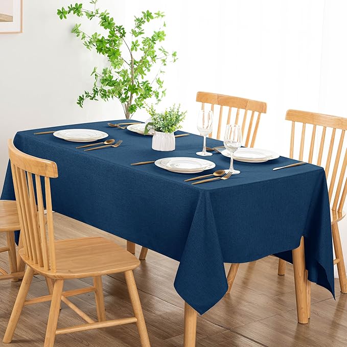 DWCN Faux Linen Tablecloth Rectangle - Fabric Waterproof Spill-Proof Wrinkle and Stain Resistant Tablecloths Decorative Farmhouse Table Cover for Kitchen Dining Party, 60 x 102 Inch, Navy Blue