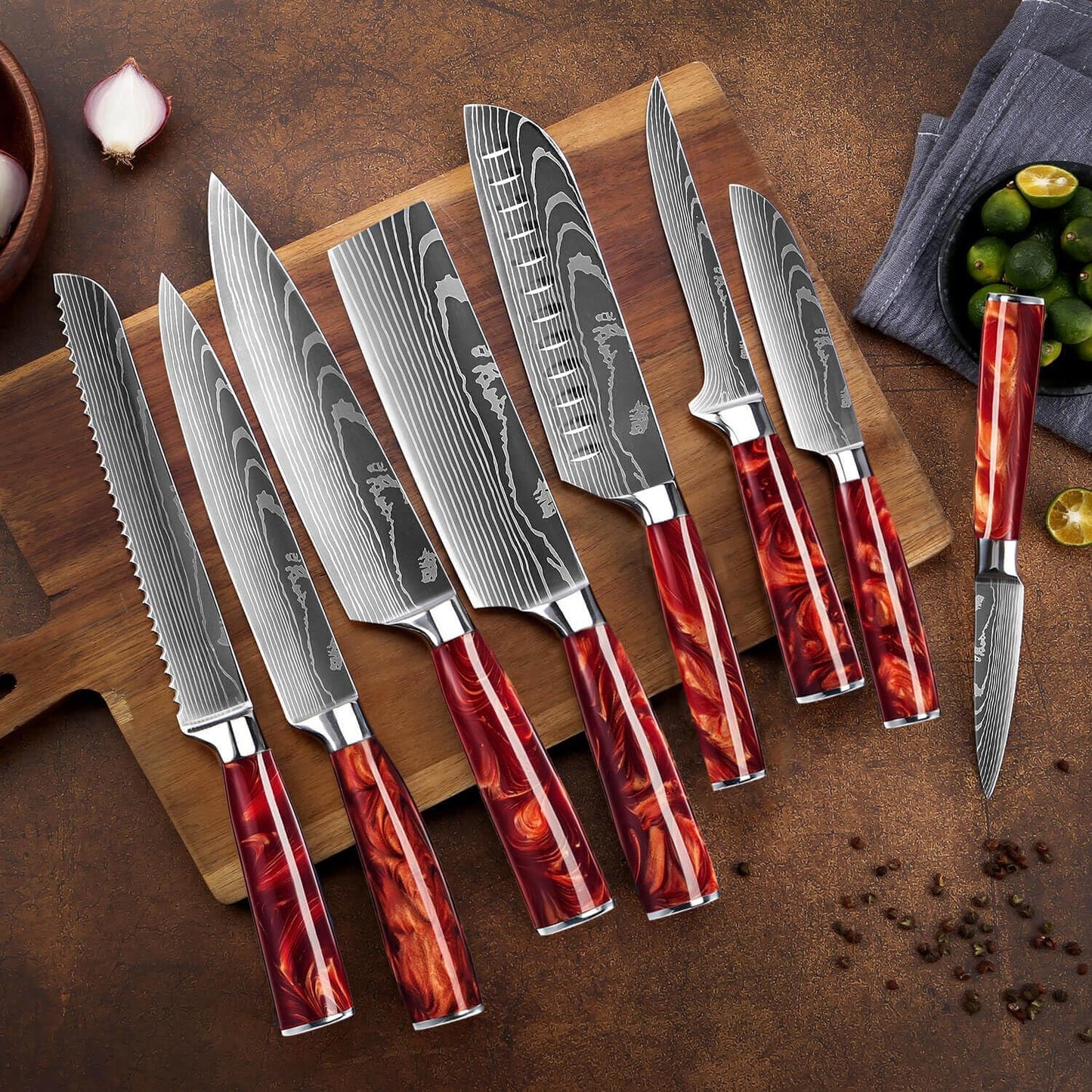 SENKEN 16-Piece Natural Acacia Wood Kitchen Knife Block Set - Japanese Chef's Knife Set with Laser Damascus Pattern, Includes Steak Knives, Kitchen Shears, Santoku, Cleaver & More (Red Resin Handles)