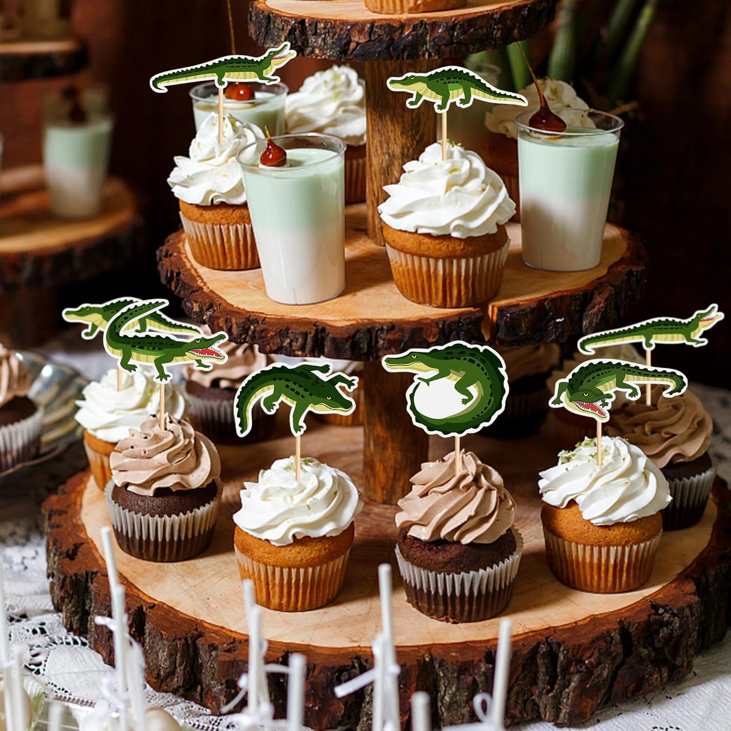 36Pcs Alligator Cupcake Toppers Crocodile Happy Birthday Cake Topper Reptile Animal Cupcake Toppers for Boy Man Jungle Safari Swamp Reptile Party Supplies