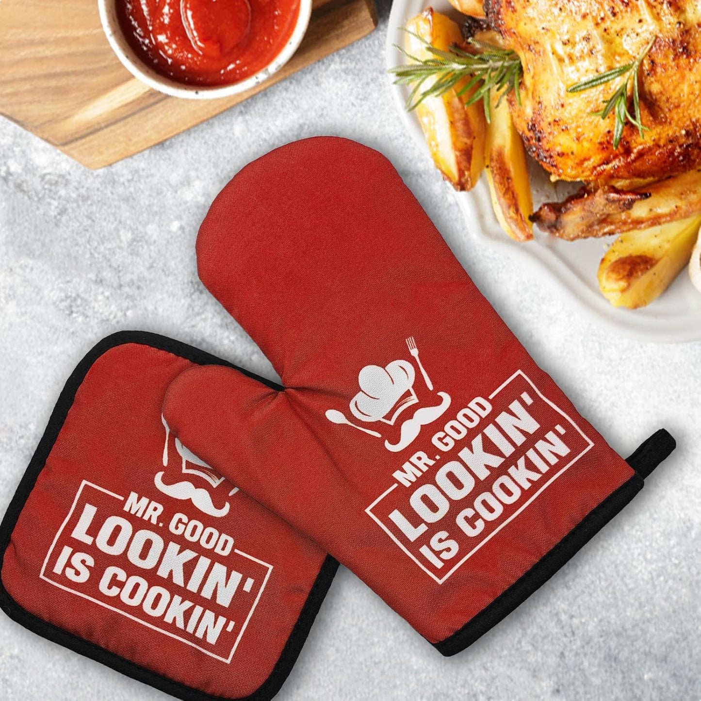 Red Oven Mitts and Pot Holders（Set of 2） Mr.Good Lookin' is Cookin' Heat Resistant Mitts Silicone Non-Slip Oven Mitts with Hanging Loop Great Birthday Gifts for Men Chef Husband Dad Friend