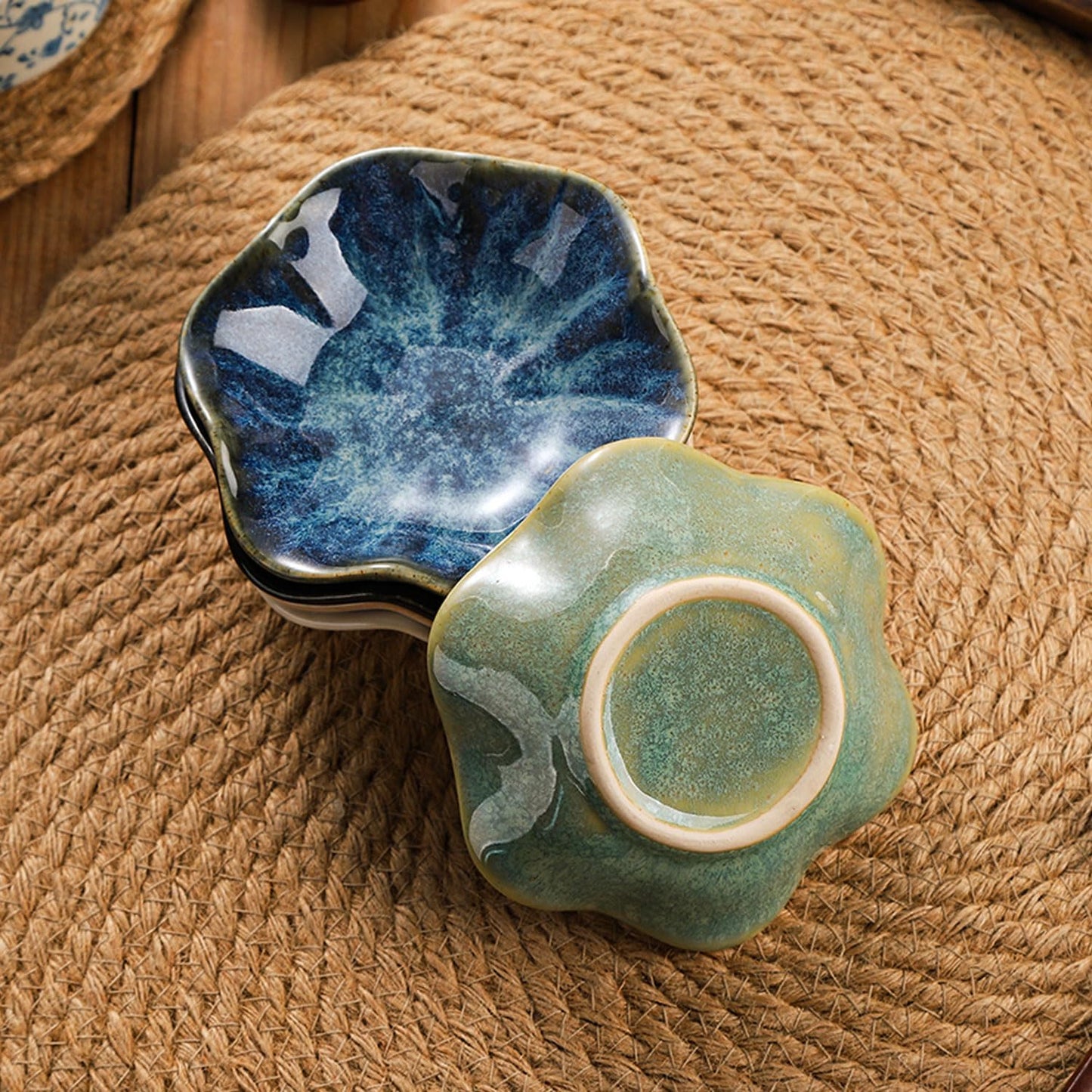 VanEnjoy Green Flower Plates Ceramic Floral Dishes Small Dipping Sauce Cups Soy Sauce Dish Prep Bowls - Set of 5