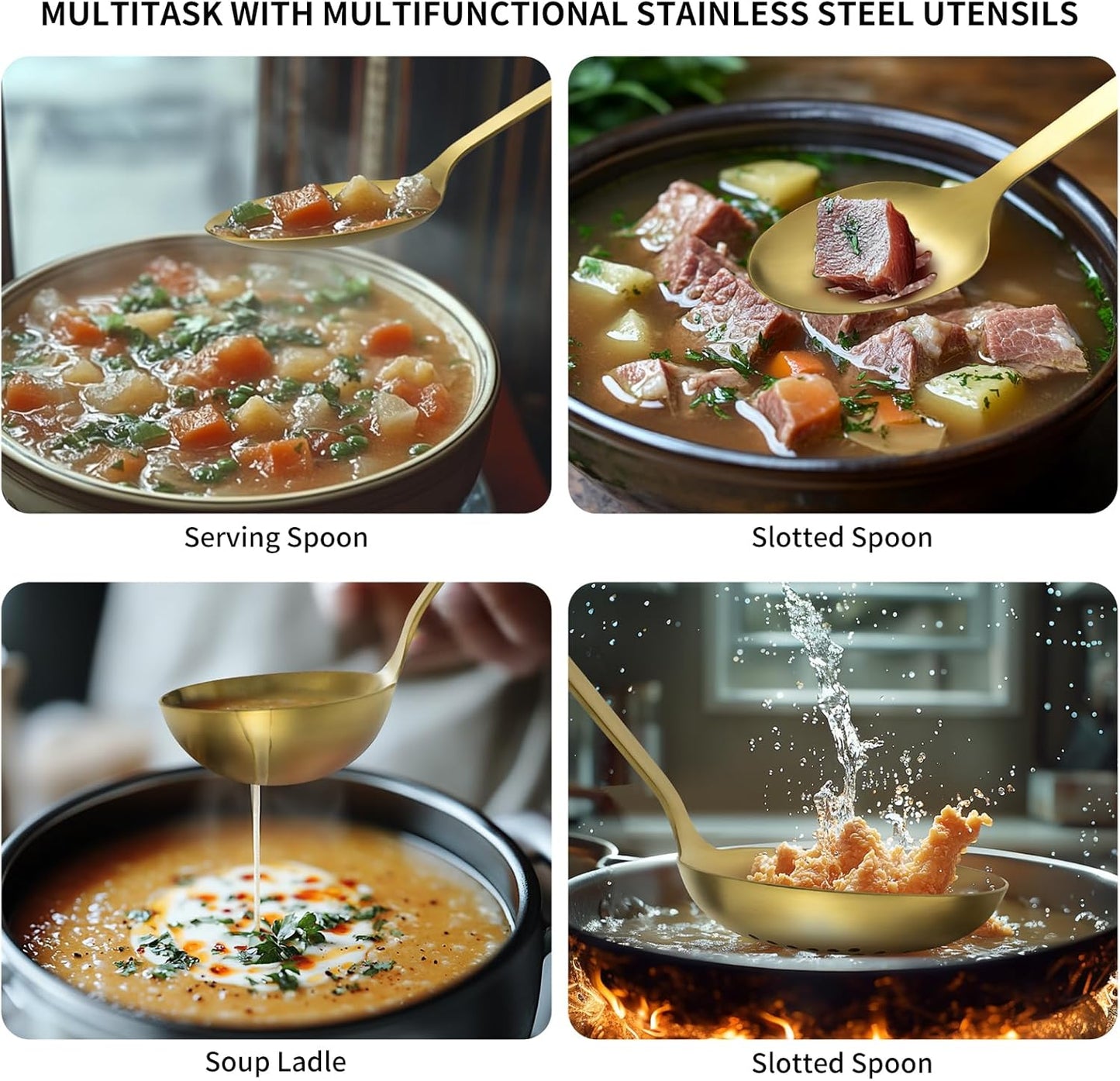 304 Stainless Steel Kitchen Utensil Set - 9pcs Cooking Utensils, Metal Kitchen Utensil Spatula Sets Cookware,High temperature resistance Kitchen Tool Set for Hanging Dishwasher Safe（Gold）