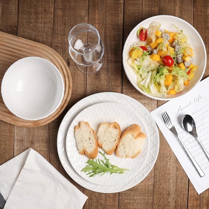 Sureasy 32 Pieces Dinnerware Sets for 8, Ceramic Plates and Bowls Sets, Embossed Scratch Resistant Dinner Set, Dishwasher & Microwave Safe, White